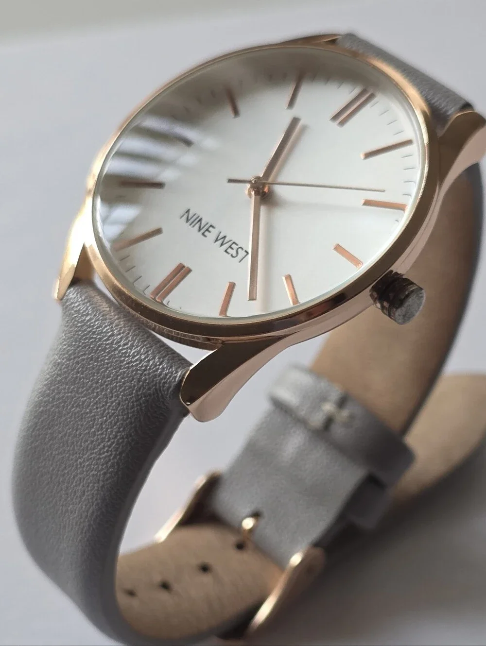 Nine West Soft Gray Leather Strap Watch with Rose Gold Case